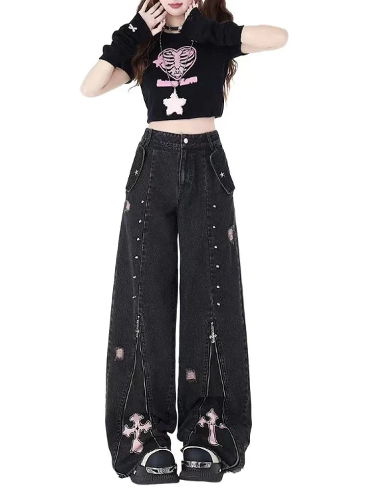 Y2K Grunge Cross Zip-Up Jeans