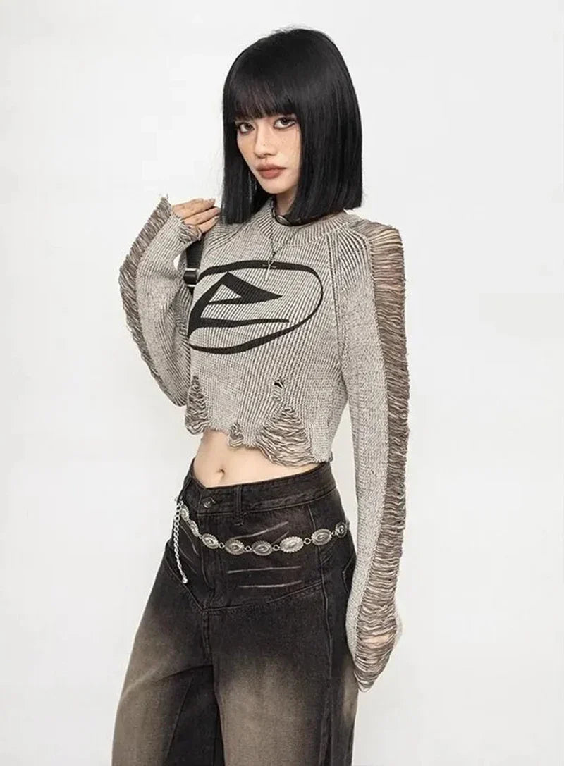 Y2K Grunge Distressed Crop Sweater