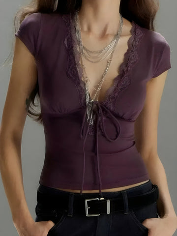 Y2K Lace Trim Tie Front Top