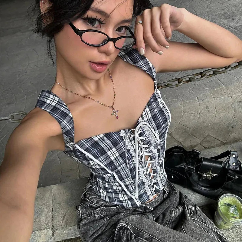 Y2K Plaid Lace Up Top