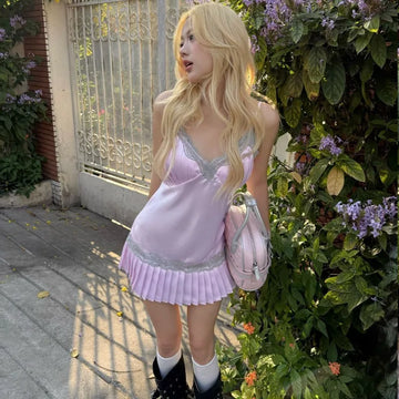 Y2K Satin Pleated Mini Dress
