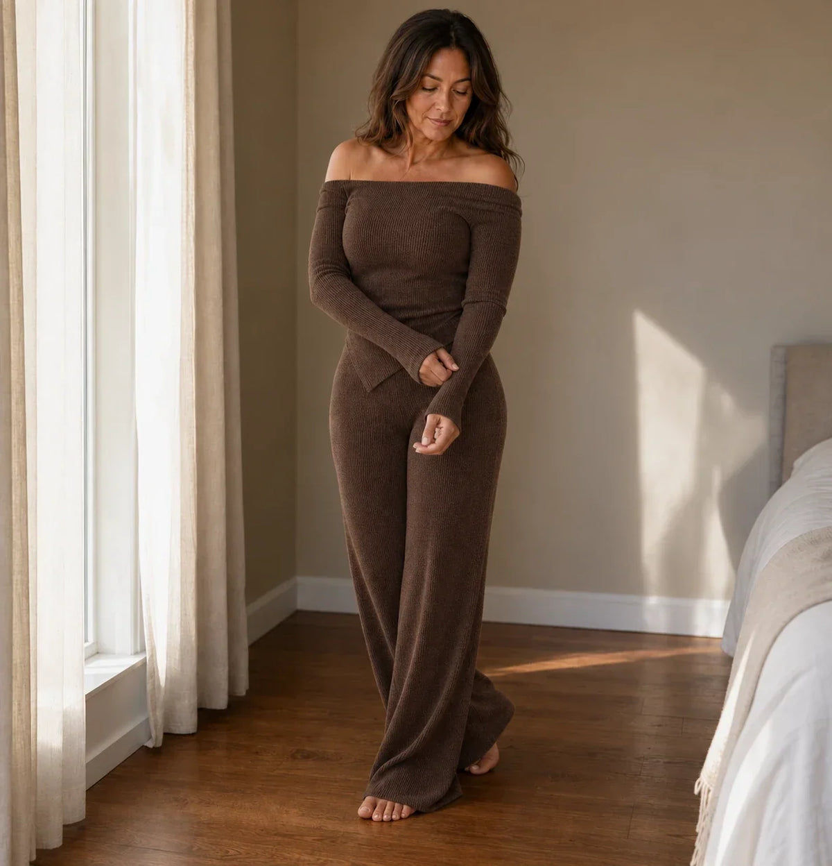 Off-Shoulder Long-Sleeve Wide-Leg Pants Set