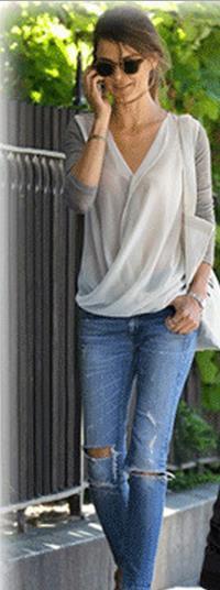 CHIFFON PATCHWORK RUCHES V-NECK LONG SLEEVES FASHION BLOUSE