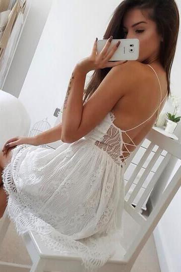 PURE COLOR SPAGHETTI STRAPS SLEEVELESS KNEE-LENGTH LACE DRESS