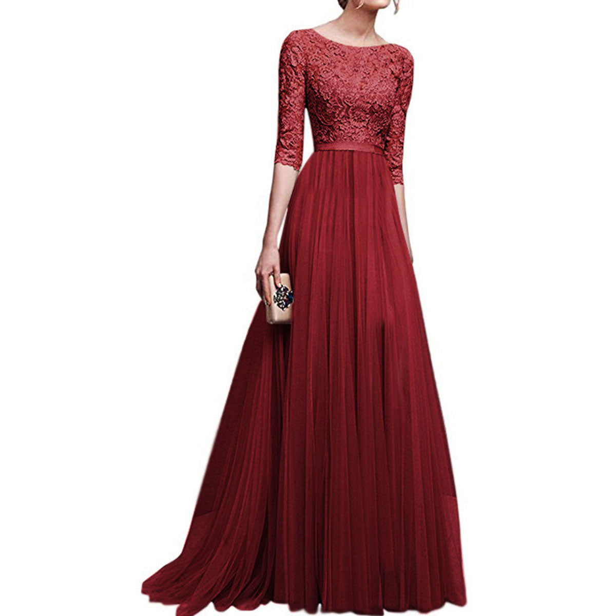 LACE PATCHWORK HALF SLEEVES LONG PARTY DRESS