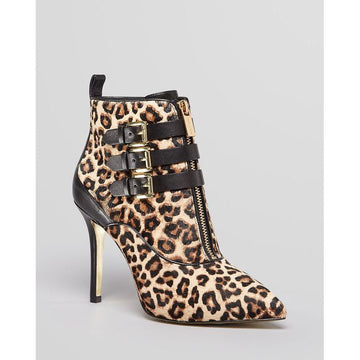 LEOPARD POINTED TOE ZIPPER STILETTO HIGH HEELS SHORT BOOTS