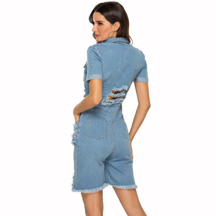WASHED CUT OUT DENIM SHIRT COLLAR ROMPERS