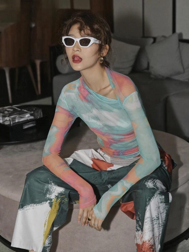 Asymmetric Tie Dye Mesh Top