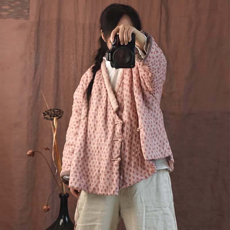 Women Autumn Linen Printed Cotton Padded Coat