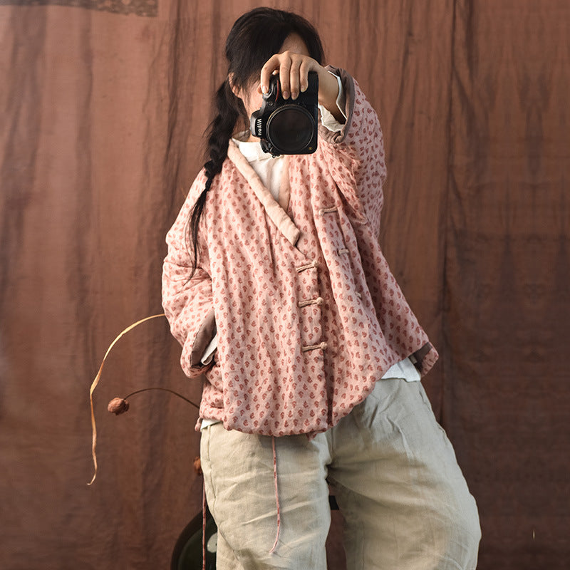 Women Autumn Linen Printed Cotton Padded Coat