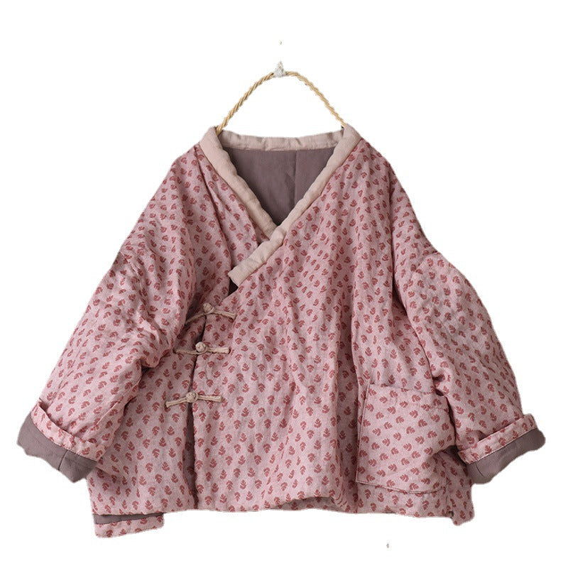 Women Autumn Linen Printed Cotton Padded Coat