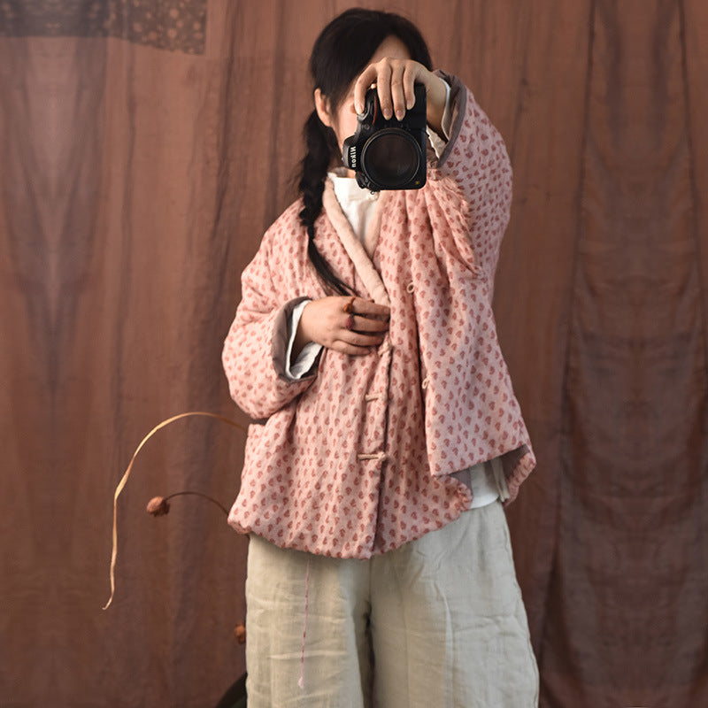 Women Autumn Linen Printed Cotton Padded Coat