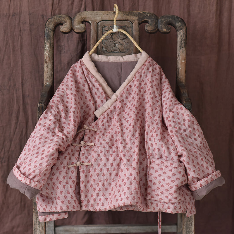 Women Autumn Linen Printed Cotton Padded Coat