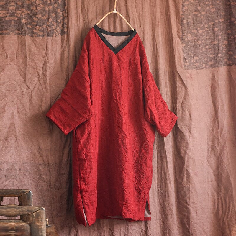 Warm Color Block V-Neck Loose Cotton Linen Casual Dresses