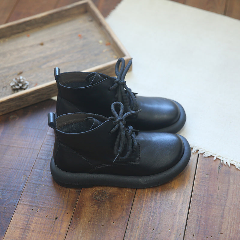 Babakud Women Autumn Winter Retro Leather Flat Casual Boots