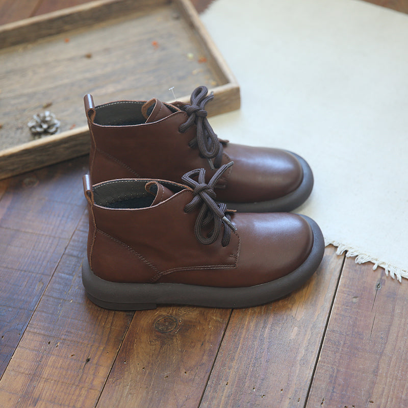 Babakud Women Autumn Winter Retro Leather Flat Casual Boots