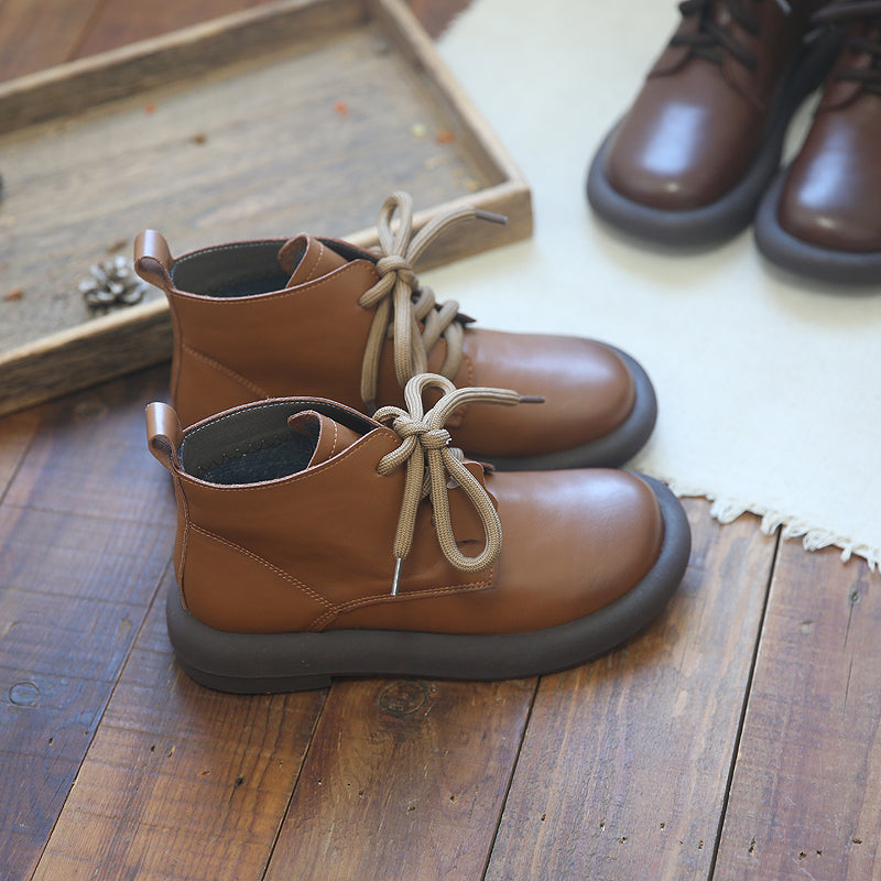 Babakud Women Autumn Winter Retro Leather Flat Casual Boots