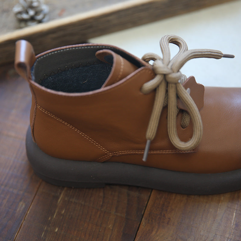 Babakud Women Autumn Winter Retro Leather Flat Casual Boots