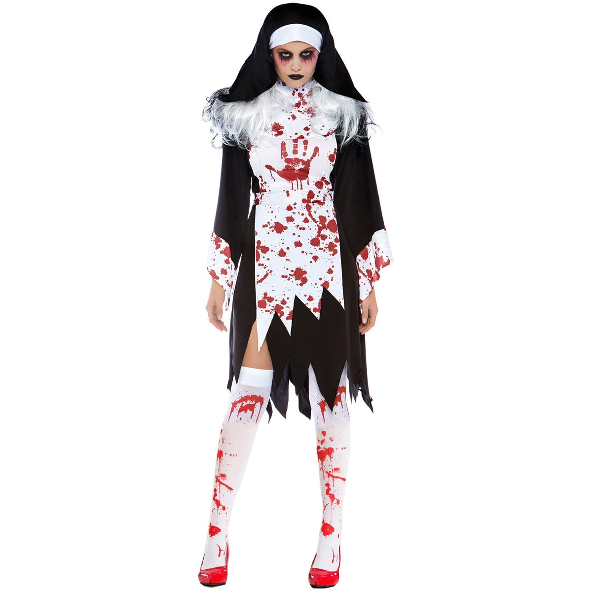 Vampire Zombie Nun Costume With Blood Stains For Halloween Cosplay