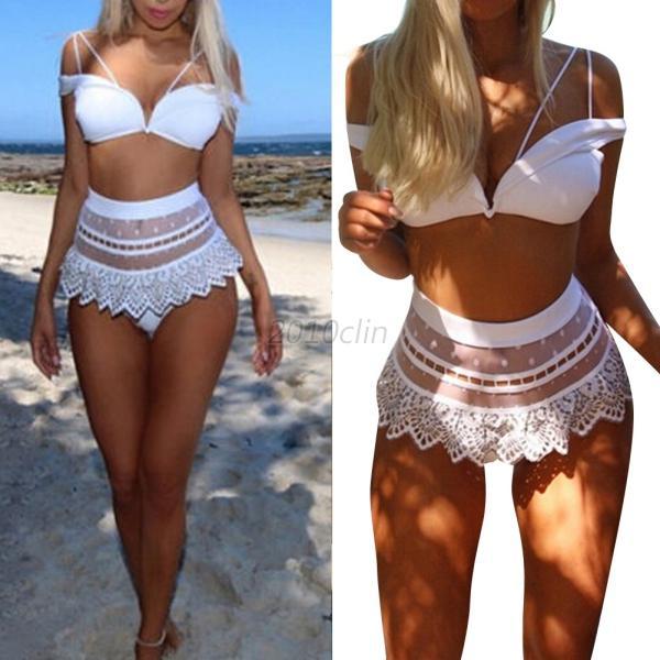 HIGH-QUALITY OFF SHOULDER LACE PATCHWORK HIGH WAIST BIKINI SET SWIMWEAR