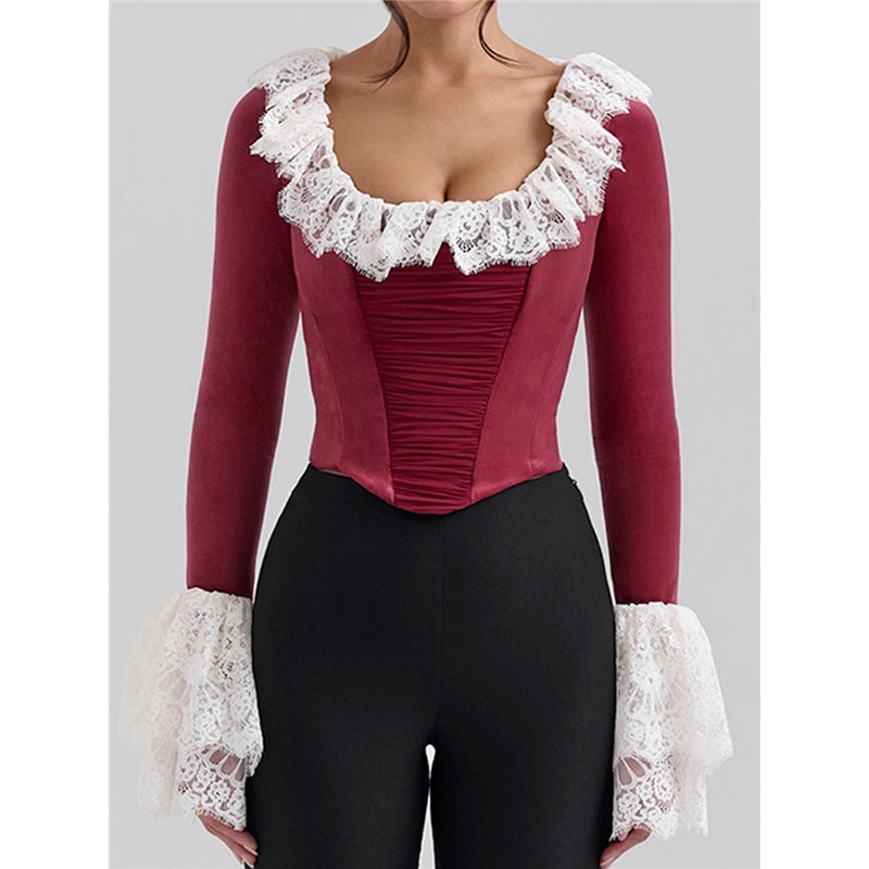 Christmas Velvet Lace Trim Flare Sleeve Square Neck Women's Top