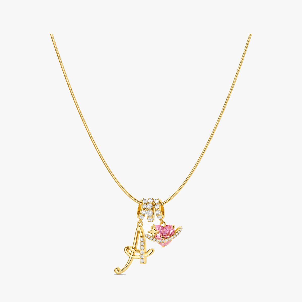 3-Layer Initial Necklace with Pink Heart Zircon