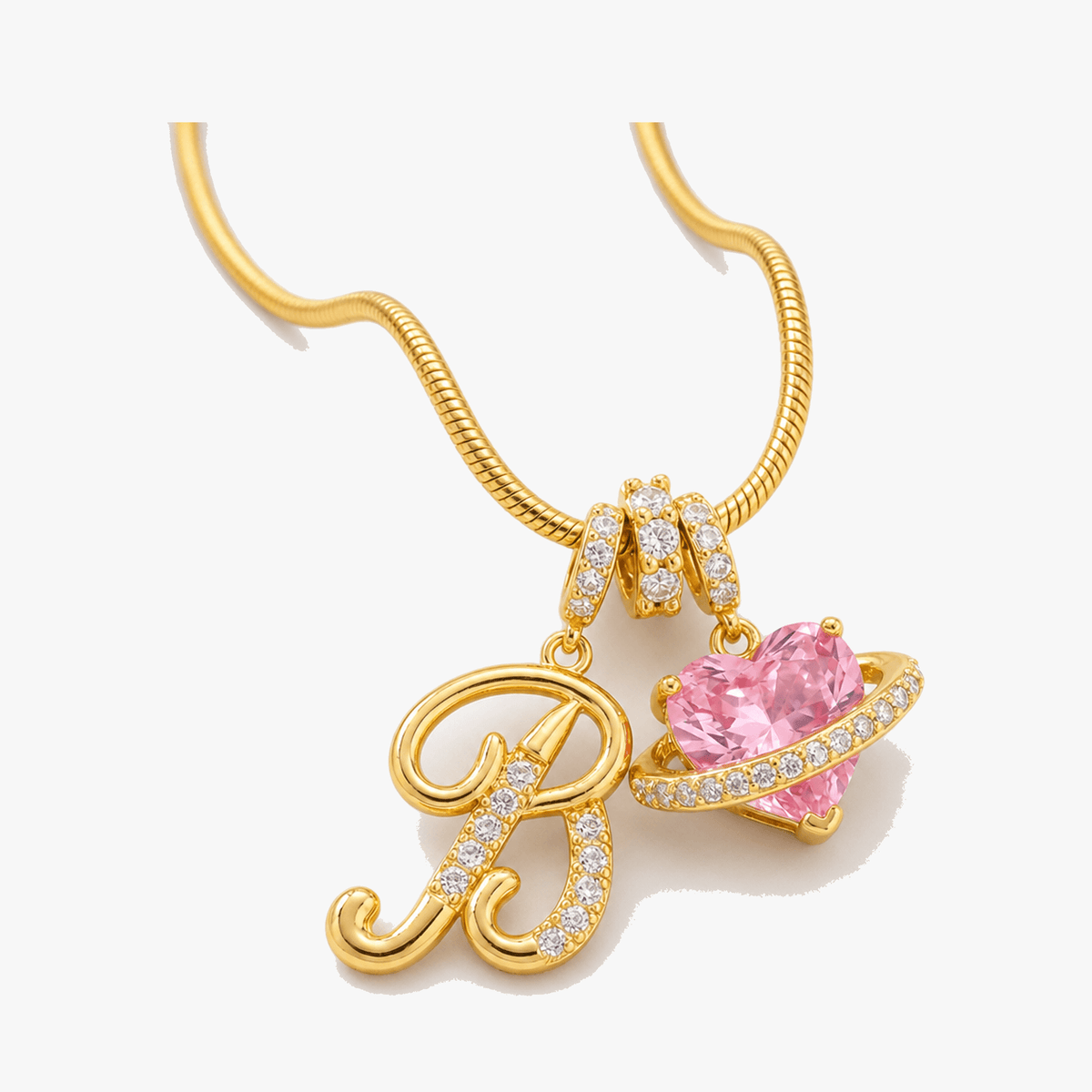 3-Layer Initial Necklace with Pink Heart Zircon