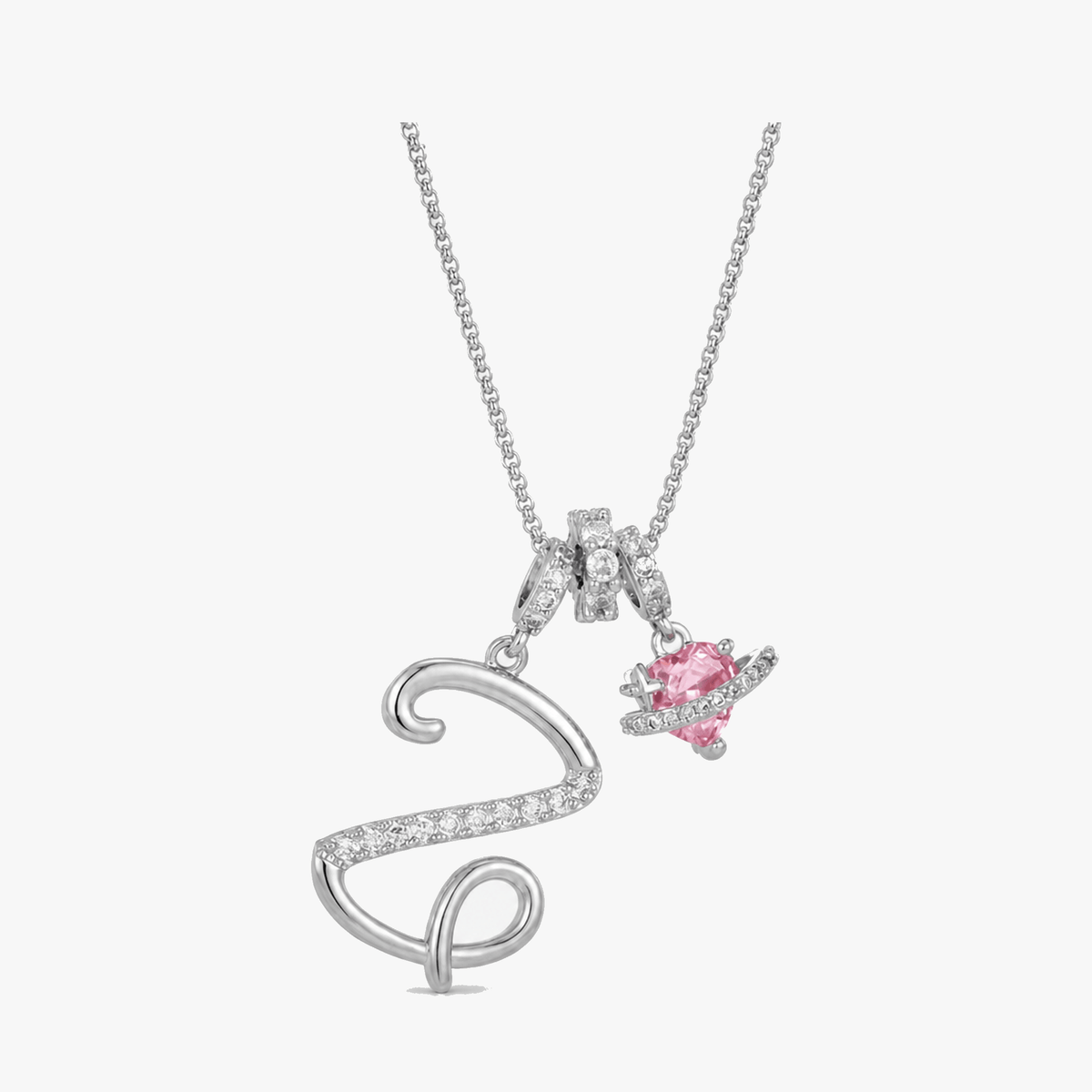 3-Layer Initial Necklace with Pink Heart Zircon