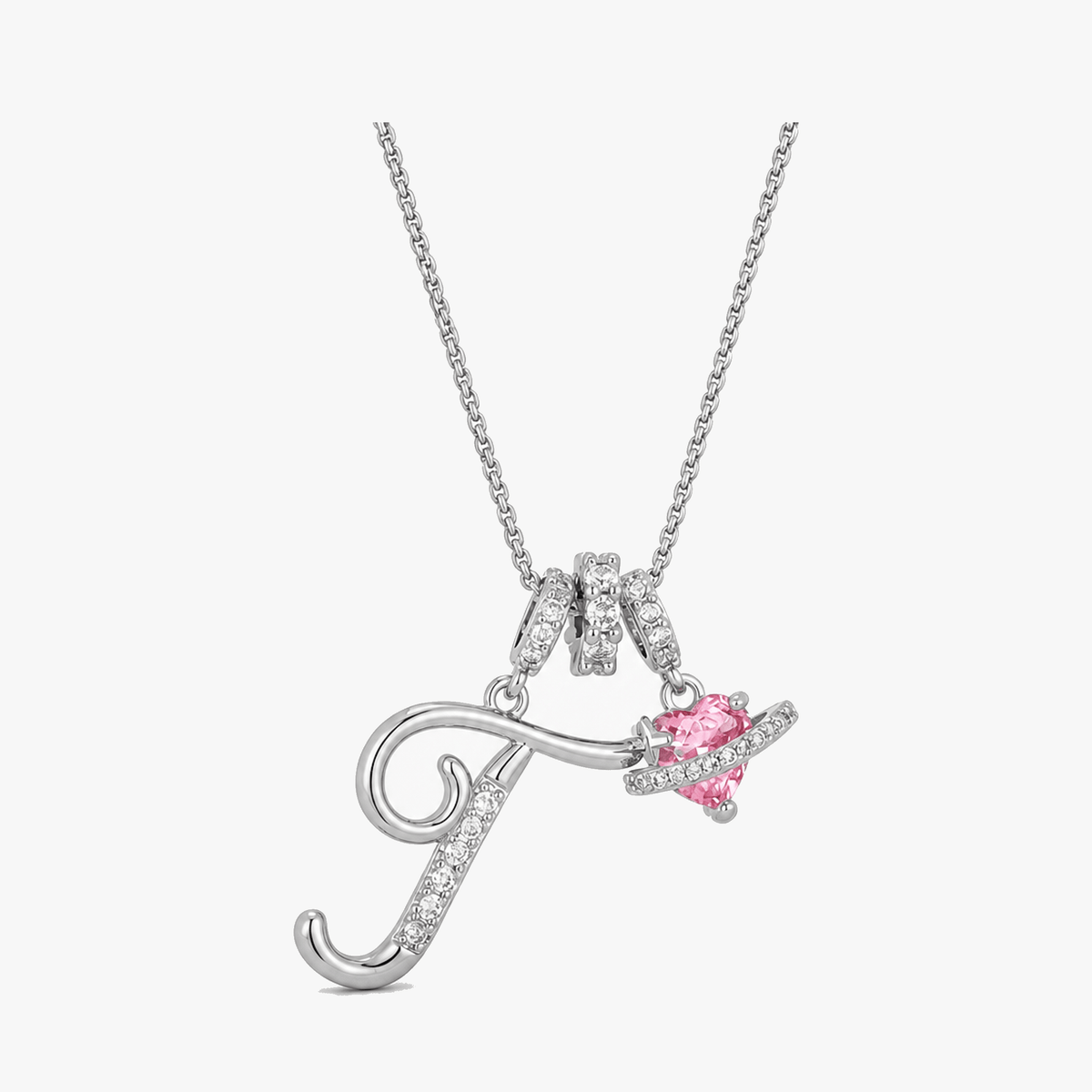 3-Layer Initial Necklace with Pink Heart Zircon