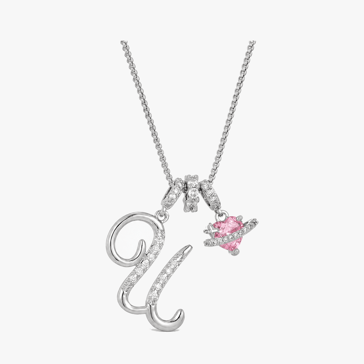 3-Layer Initial Necklace with Pink Heart Zircon