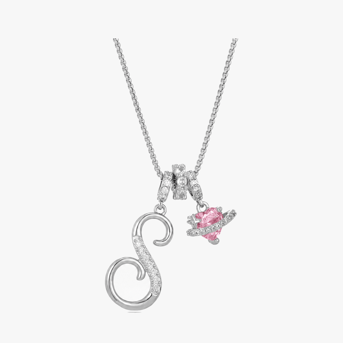 3-Layer Initial Necklace with Pink Heart Zircon