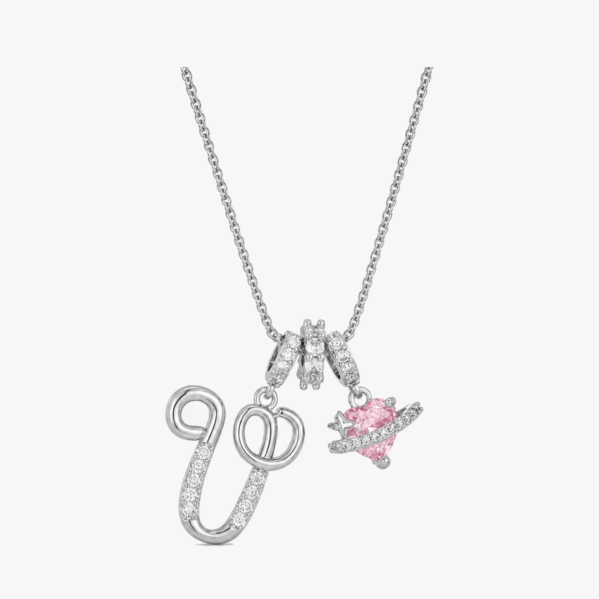 3-Layer Initial Necklace with Pink Heart Zircon