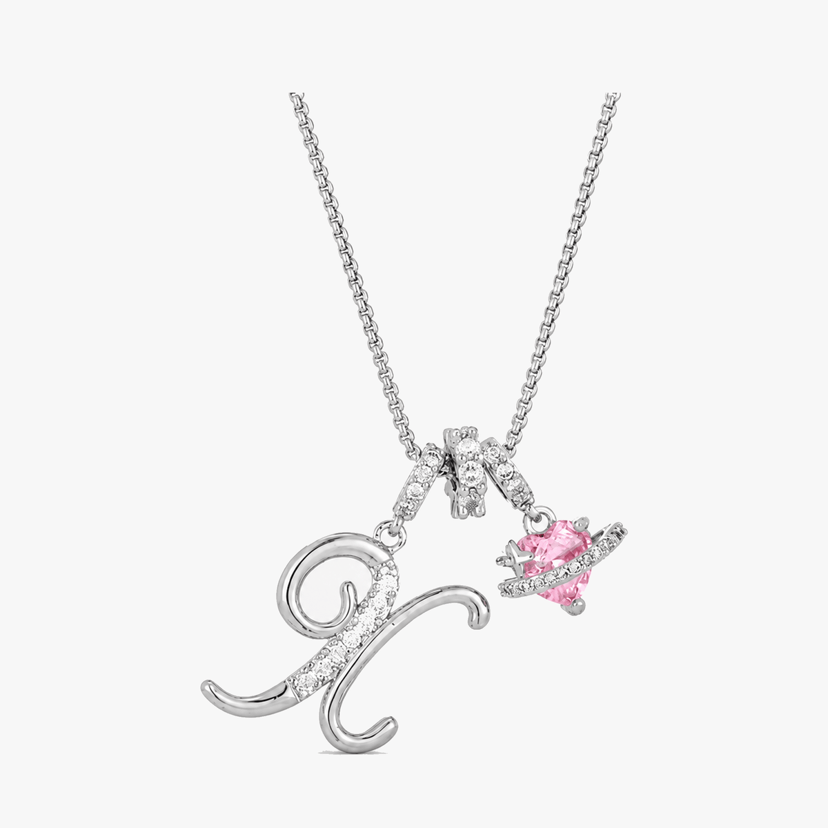3-Layer Initial Necklace with Pink Heart Zircon