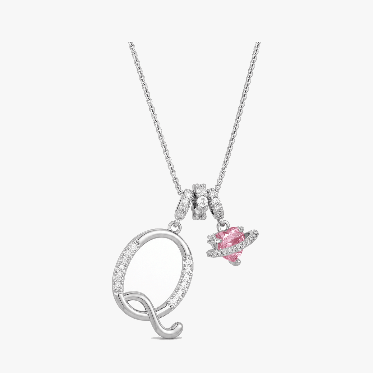 3-Layer Initial Necklace with Pink Heart Zircon