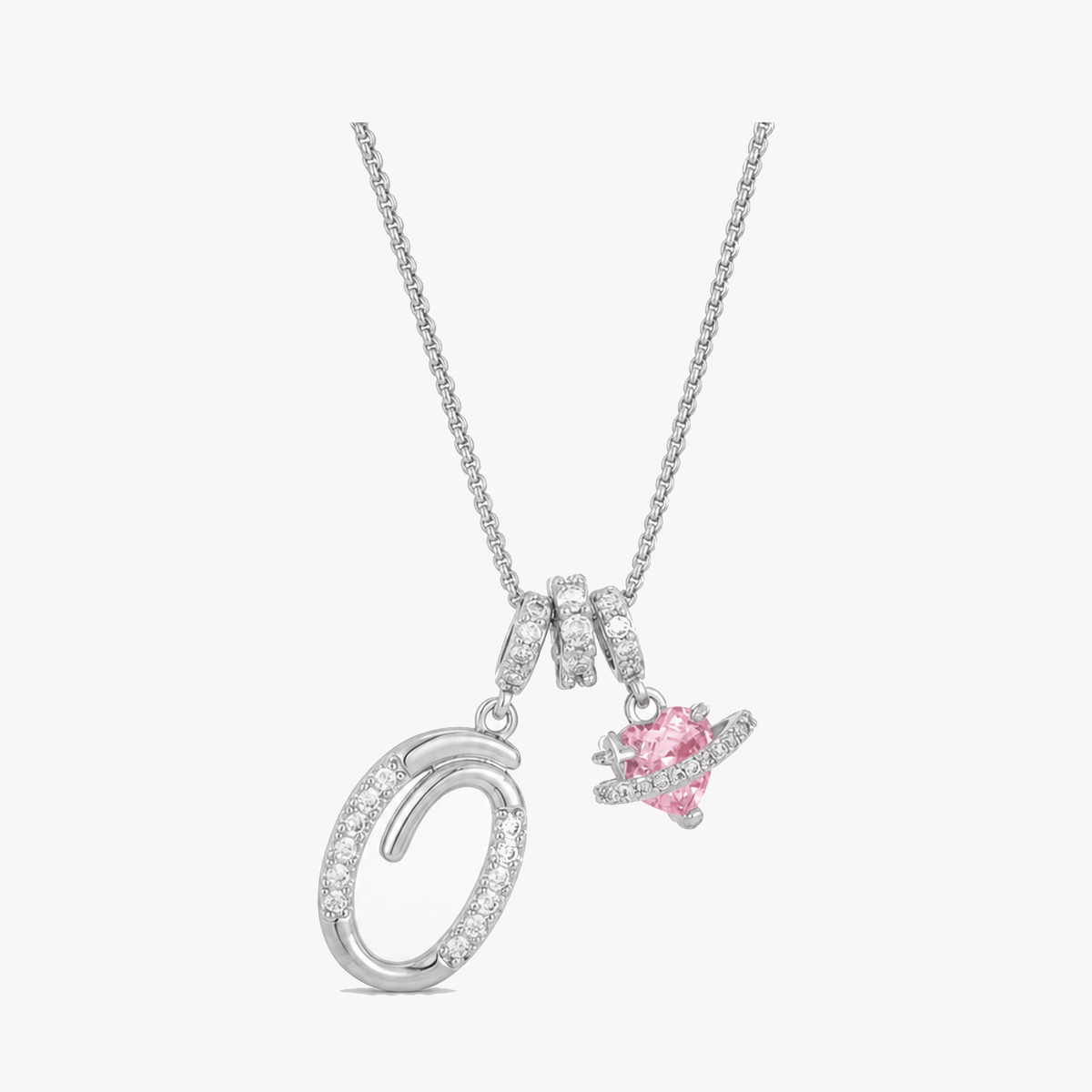 3-Layer Initial Necklace with Pink Heart Zircon
