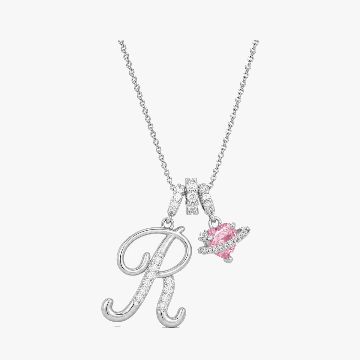 3-Layer Initial Necklace with Pink Heart Zircon