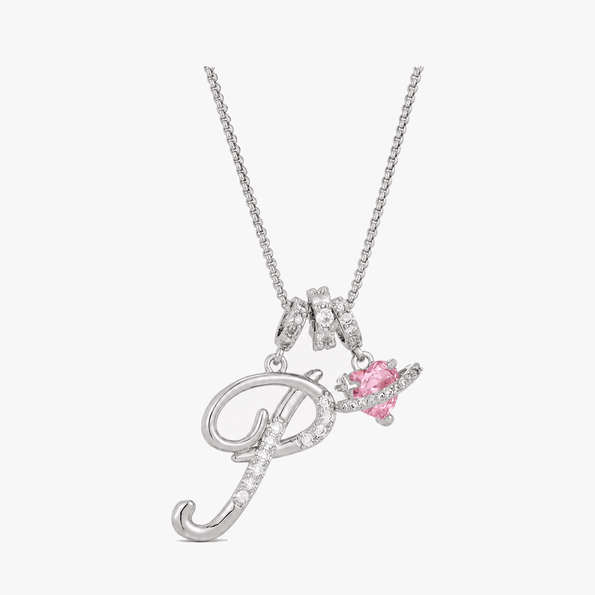 3-Layer Initial Necklace with Pink Heart Zircon