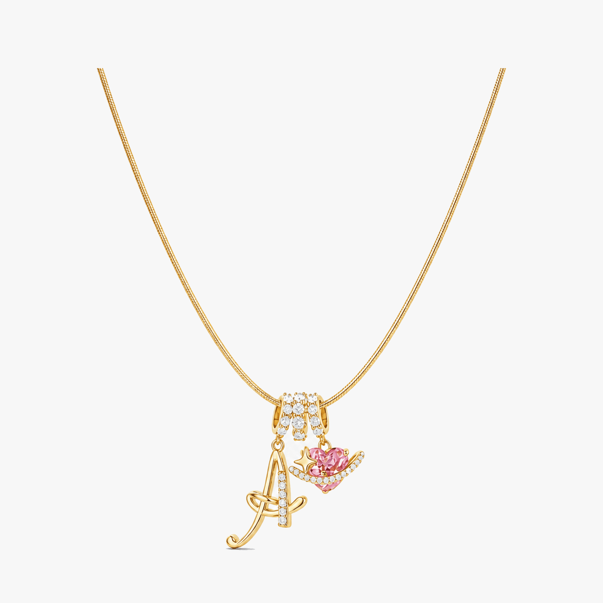 3-Layer Initial Necklace with Pink Heart Zircon