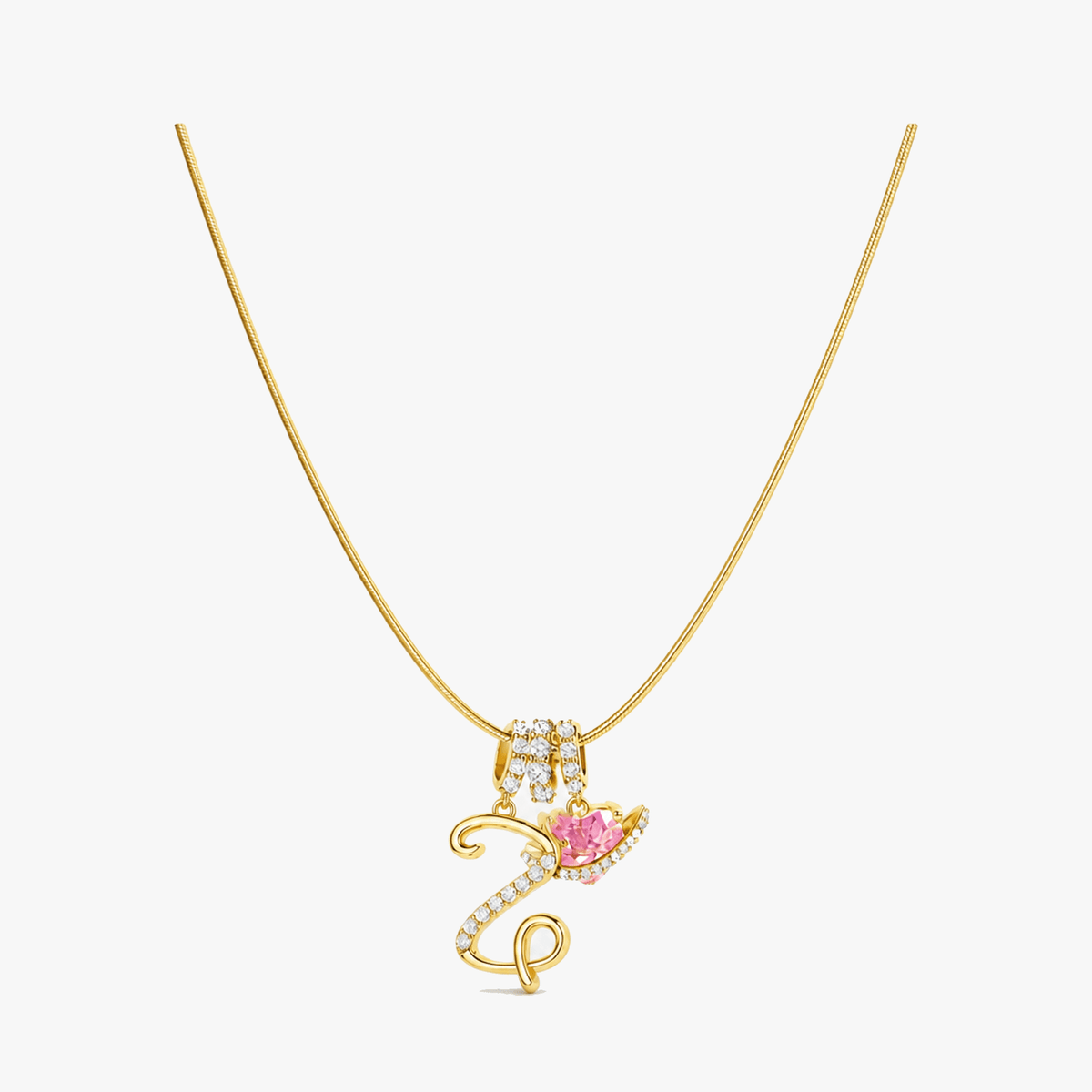 3-Layer Initial Necklace with Pink Heart Zircon