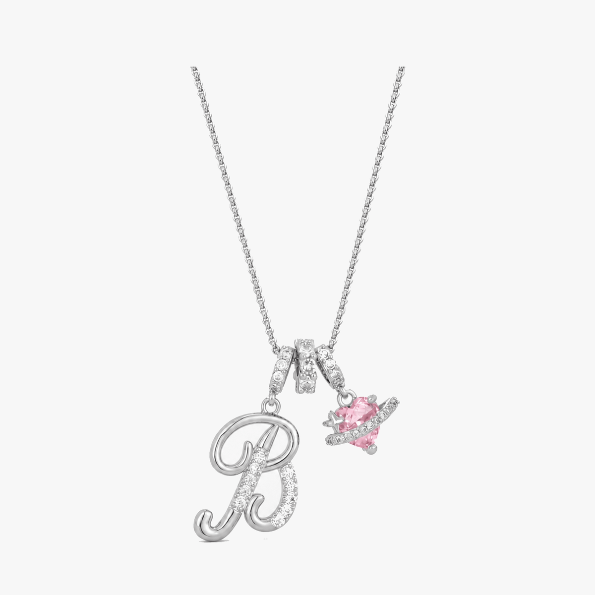 3-Layer Initial Necklace with Pink Heart Zircon