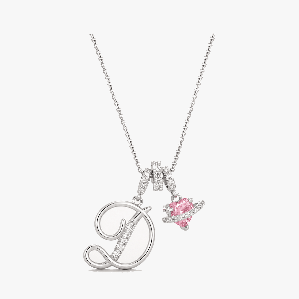 3-Layer Initial Necklace with Pink Heart Zircon