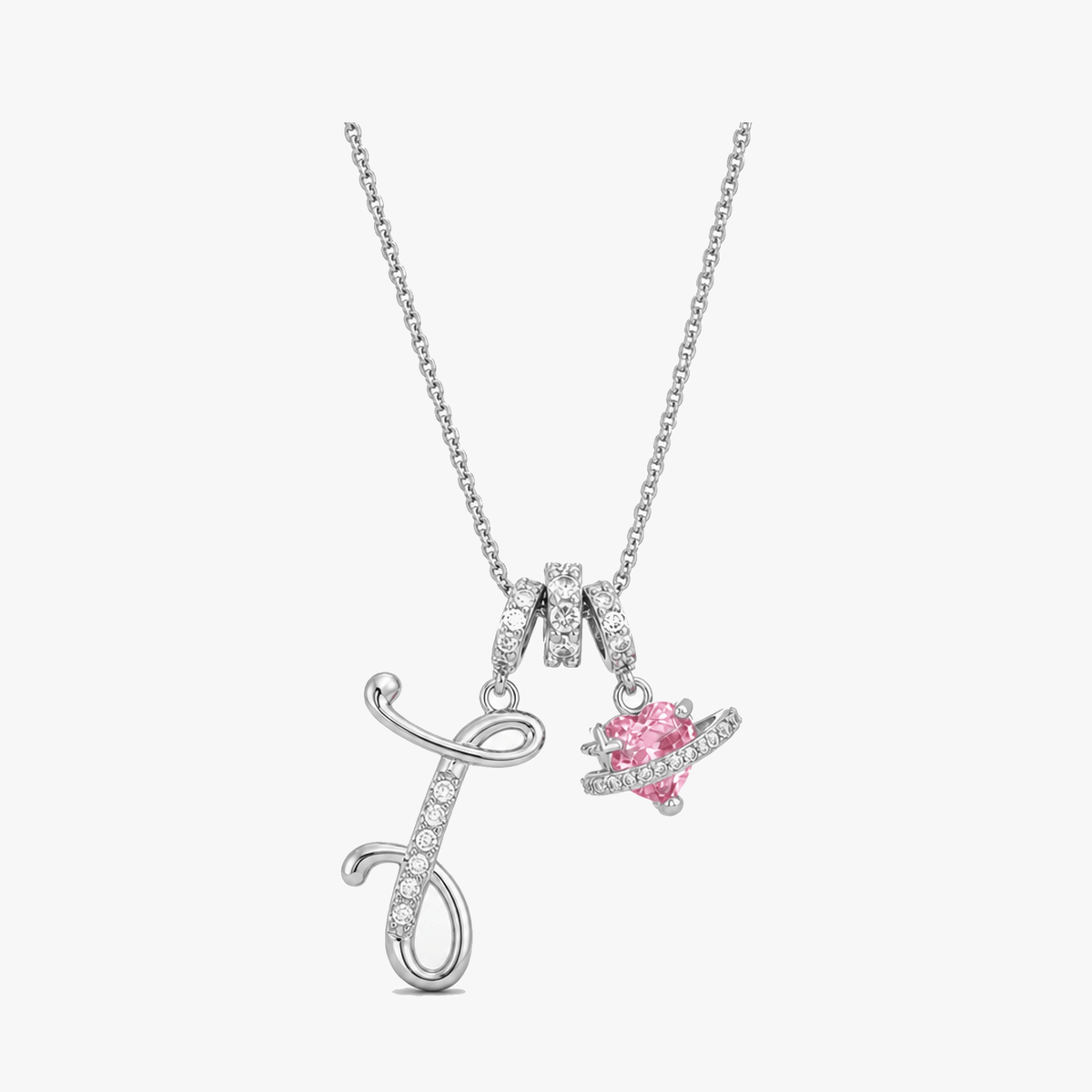 3-Layer Initial Necklace with Pink Heart Zircon