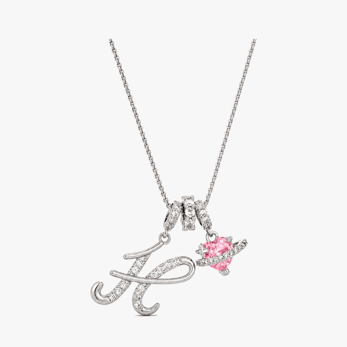 3-Layer Initial Necklace with Pink Heart Zircon