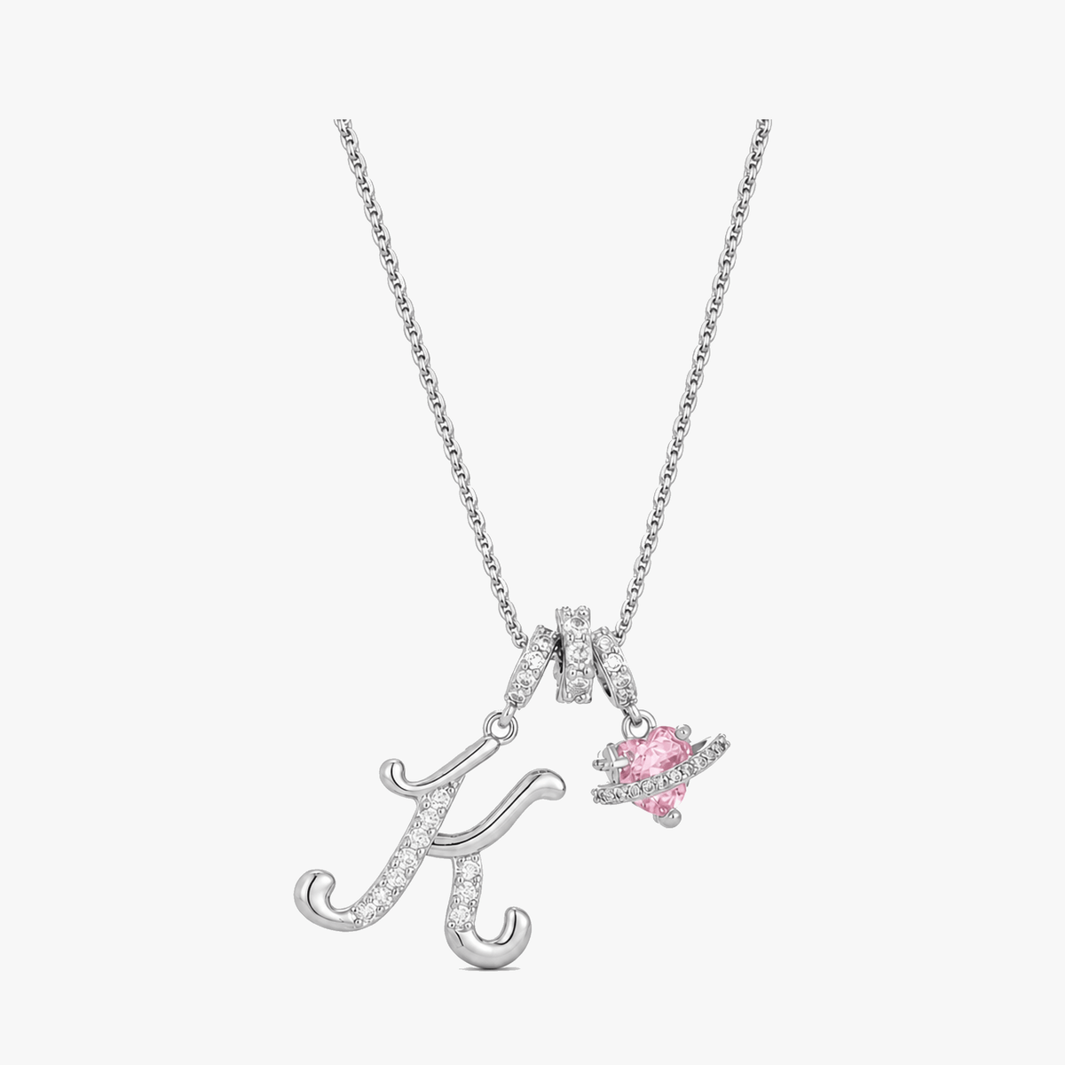3-Layer Initial Necklace with Pink Heart Zircon