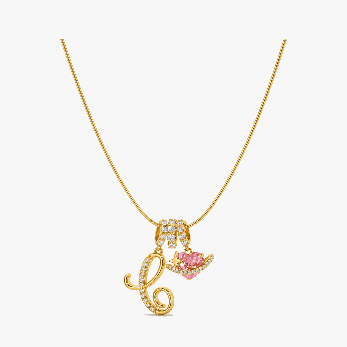 3-Layer Initial Necklace with Pink Heart Zircon