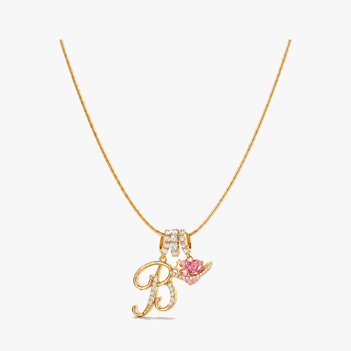 3-Layer Initial Necklace with Pink Heart Zircon