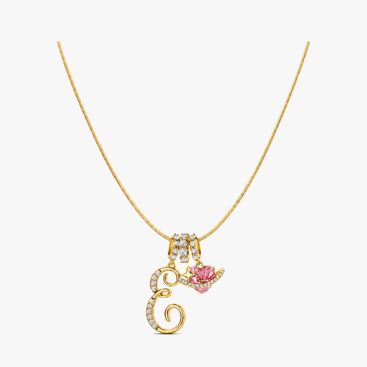 3-Layer Initial Necklace with Pink Heart Zircon