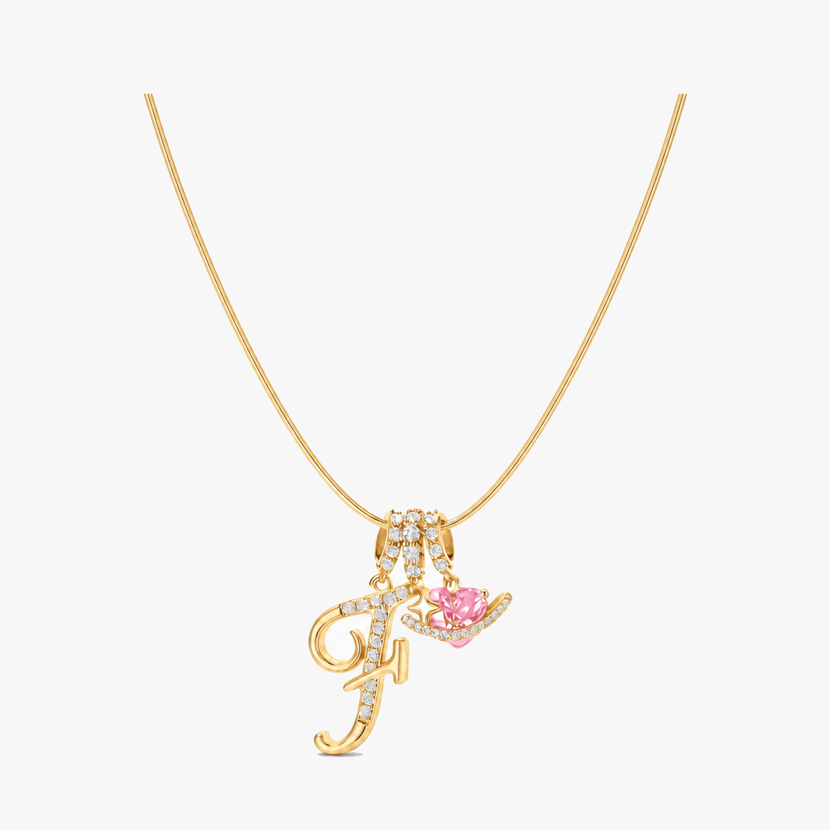 3-Layer Initial Necklace with Pink Heart Zircon