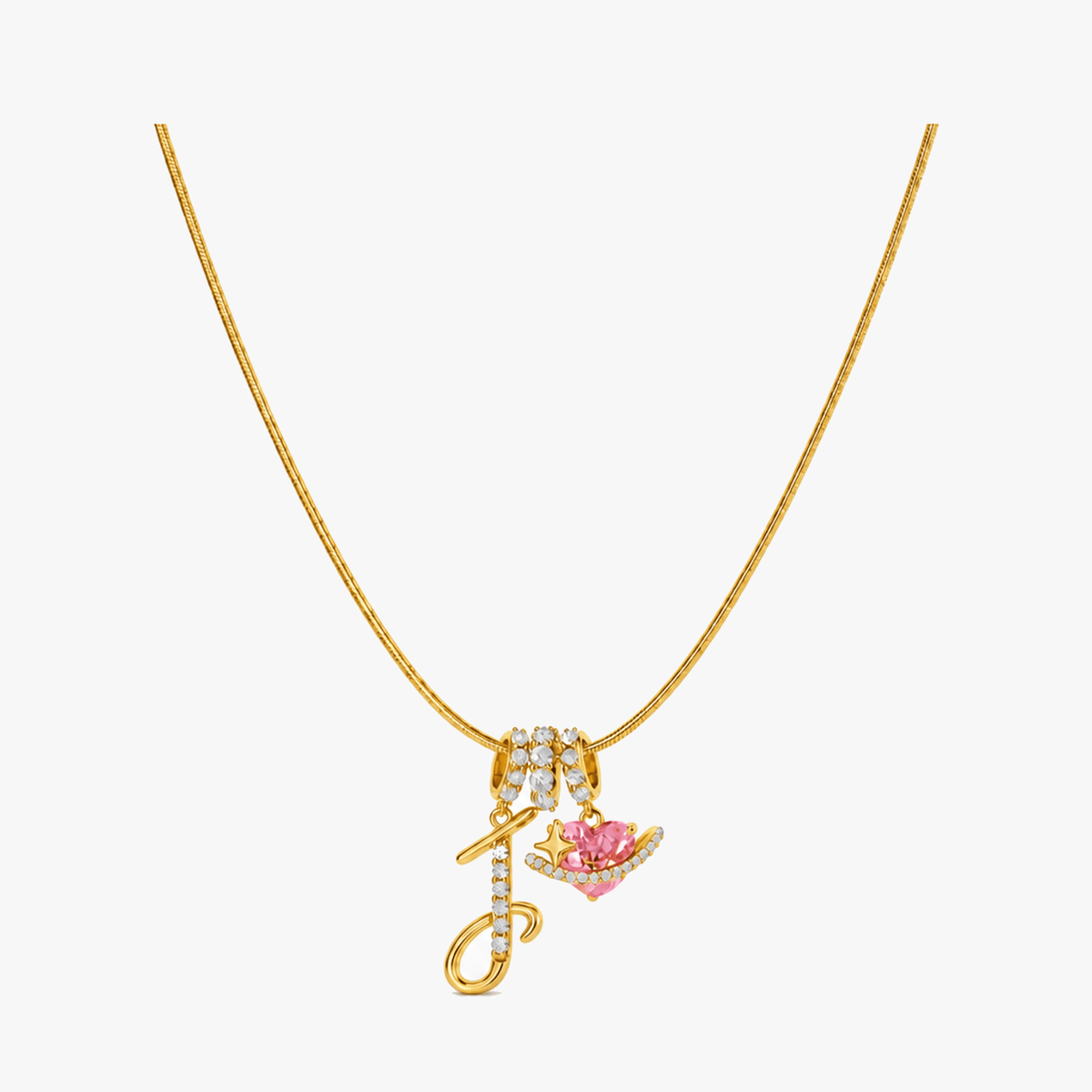 3-Layer Initial Necklace with Pink Heart Zircon