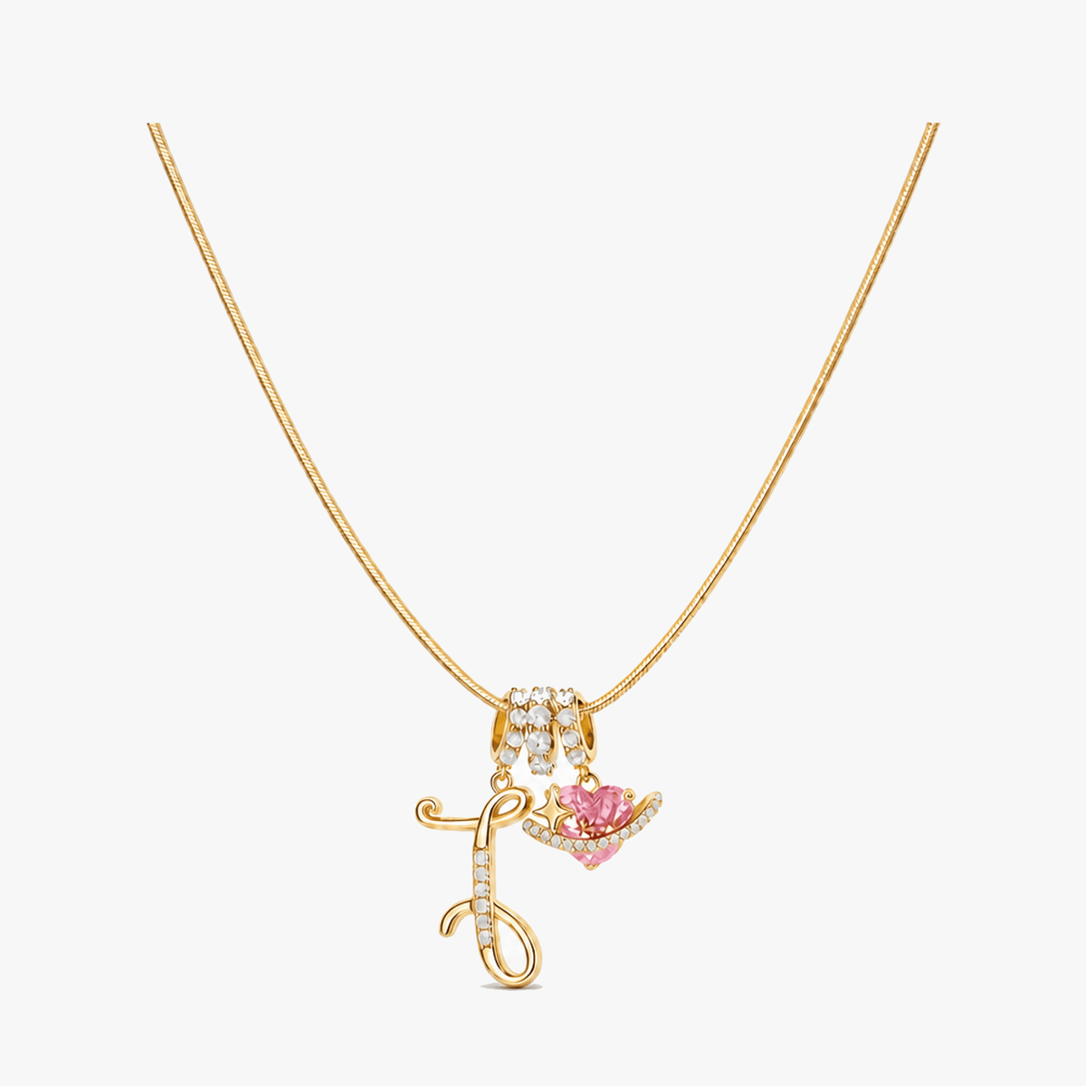 3-Layer Initial Necklace with Pink Heart Zircon